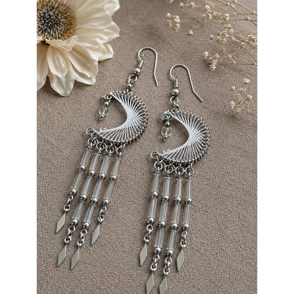 Silver Crescent Moon Chandelier Earrings Celestial Long Tassel Dangle Drop